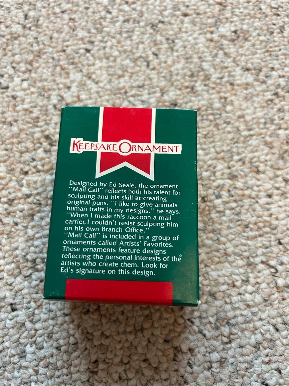 1989 Hallmark Mail Call Ornament Box - Green and Red